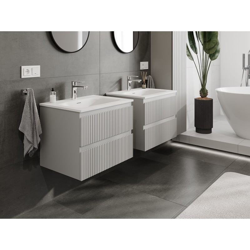 Mexen Rivel szafka łazienkowa 60 cm z umywalką Vela, 2 szuflady, ryflowana , szara mat/biała mat - 91A20-06047-2-BFF62-W23M01