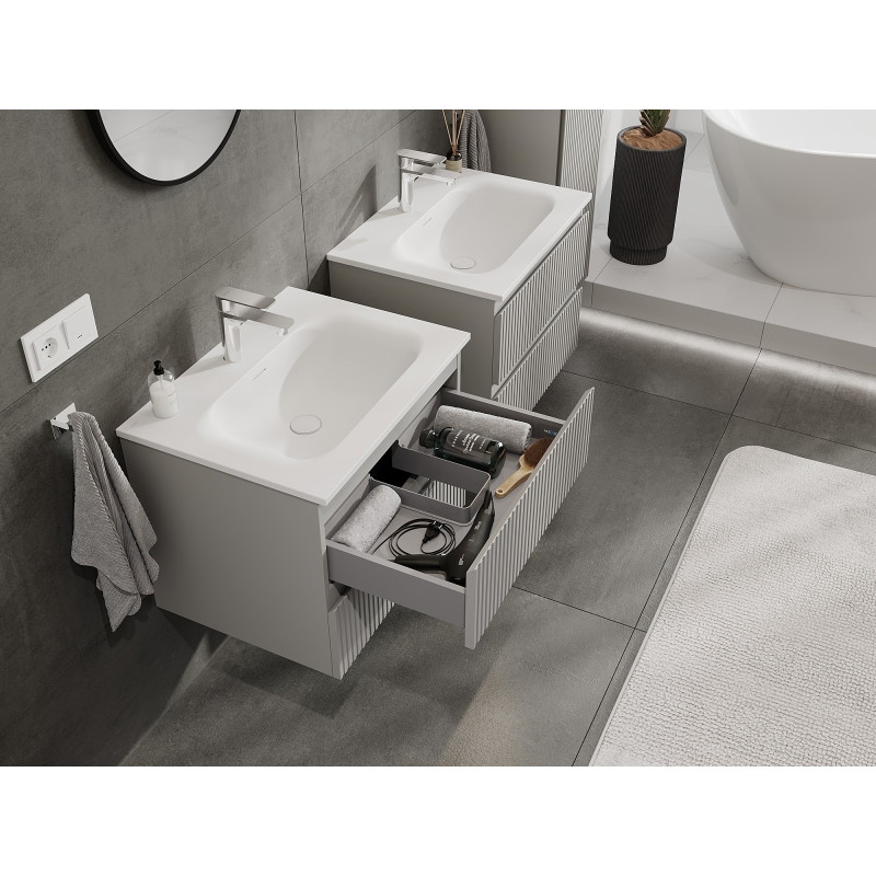 Mexen Rivel badkamerkast 60 cm met wastafel Vela, 2 lades, gefreesd, grijs mat/wit mat - 91A20-06047-2-BFF62-W23M01