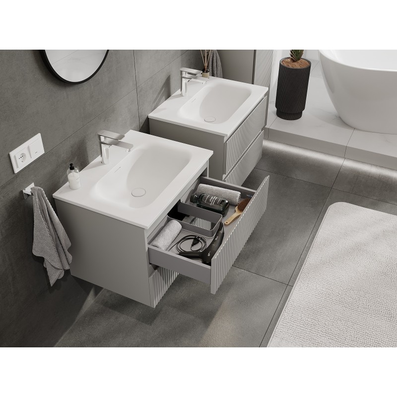Mexen Rivel szafka łazienkowa 60 cm z umywalką Vela, 2 szuflady, ryflowana , szara mat/biała mat - 91A20-06047-2-BFF62-W23M01