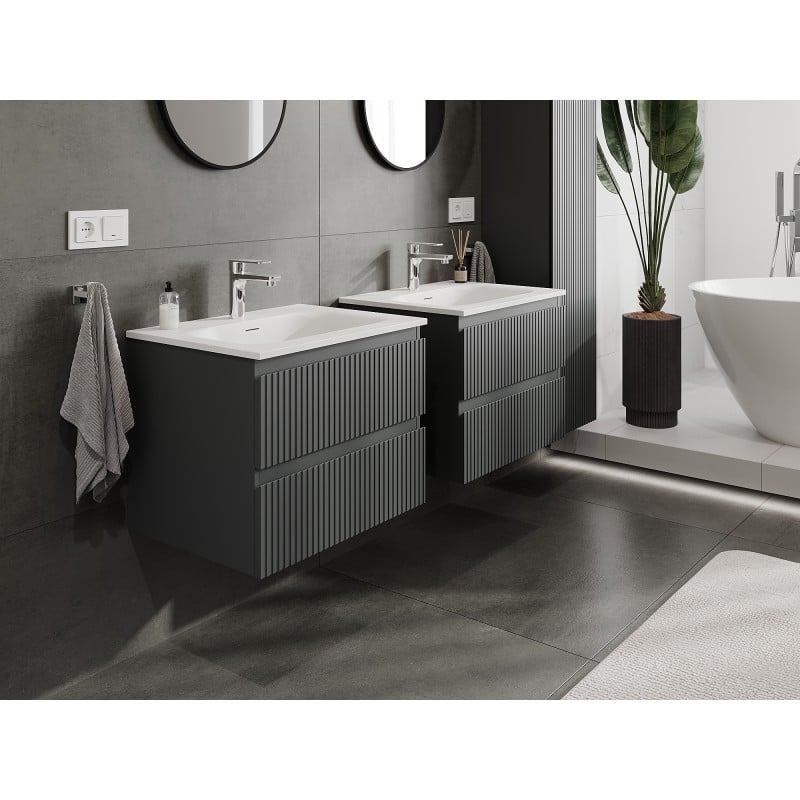 Mexen Rivel szafka łazienkowa 60 cm z umywalką Vela, 2 szuflady, ryflowana , grafit mat/biała mat - 91A20-06047-2-BFF66-W23M0