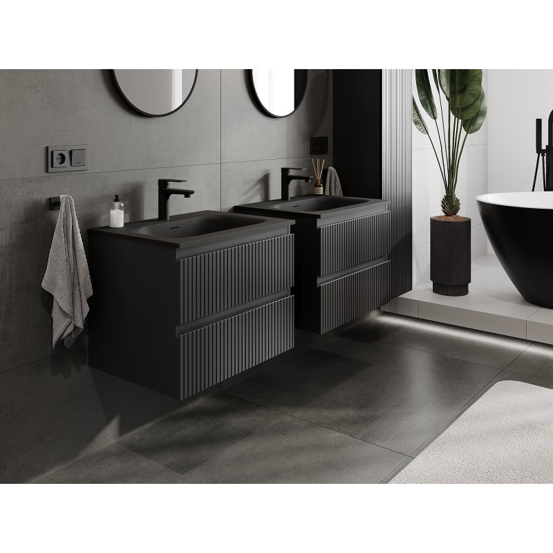 Mexen Rivel armadietto da bagno 60 cm con lavabo Vela, 2 cassetti, scanalato, nero opaco - 91A20-06047-2-BFF71-W23M71