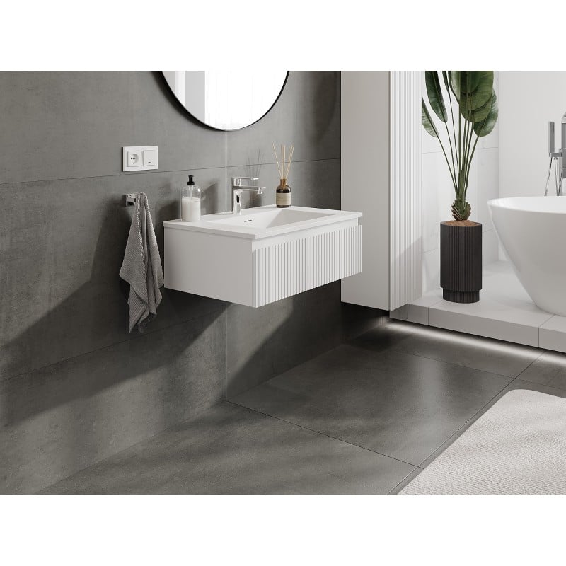 Mexen Rivel meuble de salle de bains 70 cm avec lavabo Otis, 1 tiroir, rainuré, blanc mat - 91A20-07023-1-BF01-W18M01
