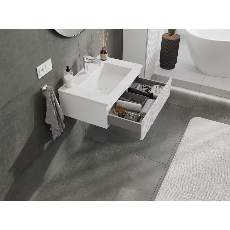 Mexen Rivel meuble de salle de bains 70 cm avec lavabo Otis, 1 tiroir, rainuré, blanc mat - 91A20-07023-1-BF01-W18M01