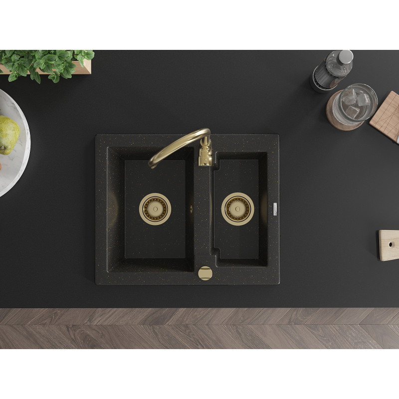 Mexen Carlos granitische gootsteen 1,5-compartiment 582 x 475 mm, zwart/gouden metallic, gouden sifon - 6518581500-75-G