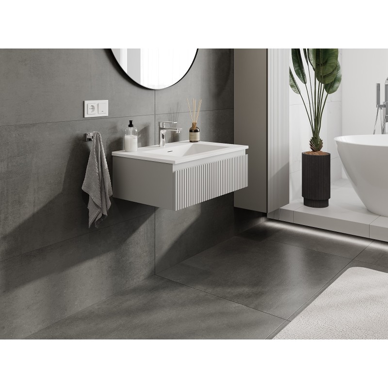 Mexen Rivel szafka łazienkowa 70 cm z umywalką Otis, 1 szuflada, ryflowana , szara mat/biała mat - 91A20-07023-1-BF62-W18M01