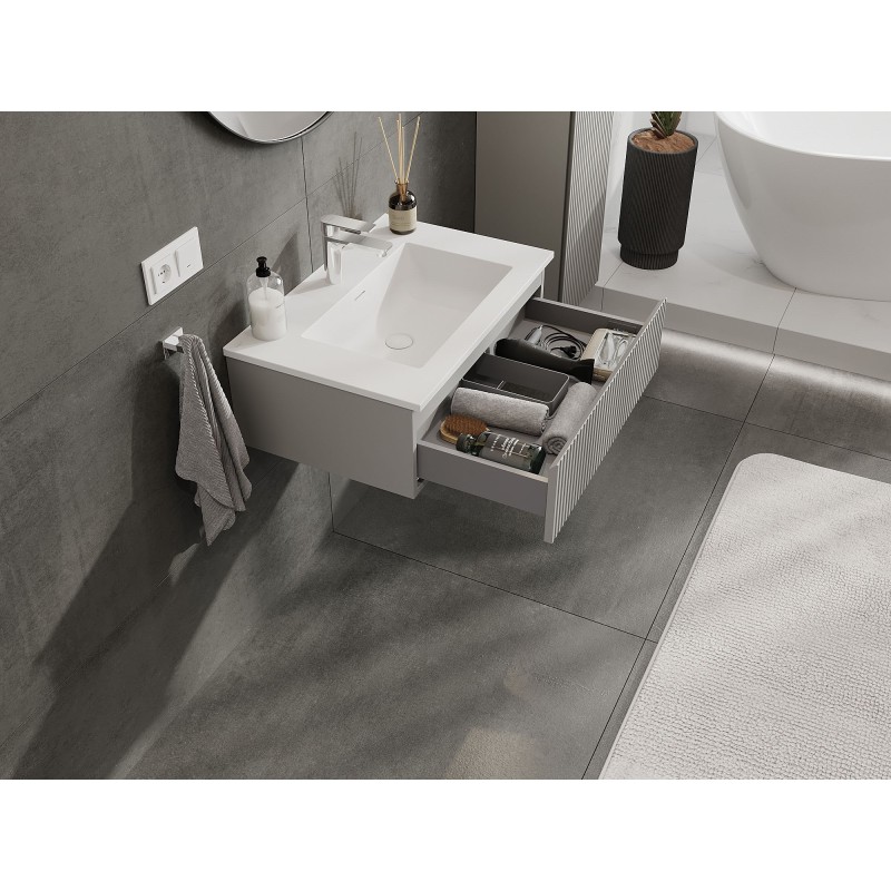 Mexen Rivel armoire de salle de bain 70 cm avec lavabo Otis, 1 tiroir, rainurée, gris mat/blanc mat - 91A20-07023-1-BF62-W18M01