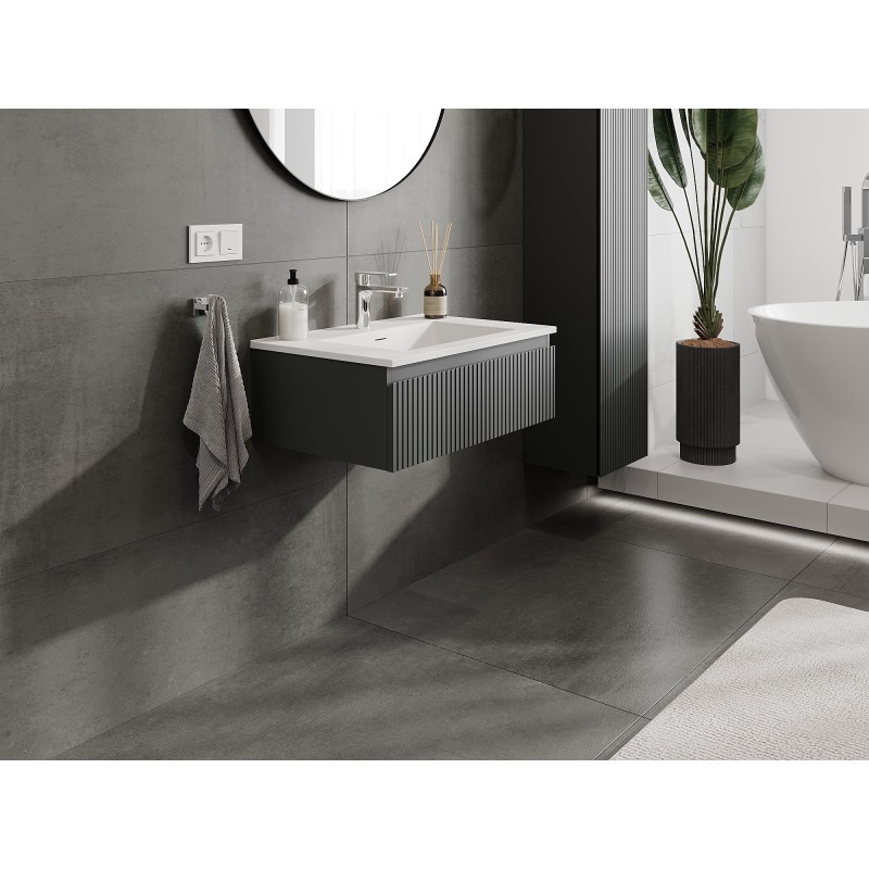 Mexen Rivel mobiletto da bagno 70 cm con lavabo Otis, 1 cassetto, scanalato, grafite opaco/bianco opaco