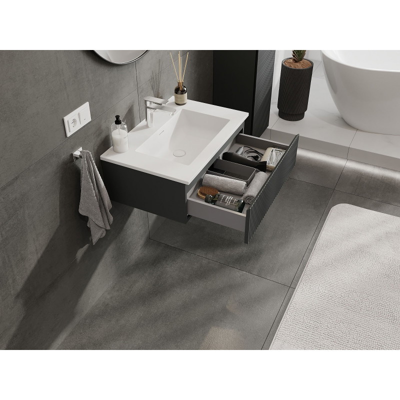 Mexen Rivel badkamerkast 70 cm met wastafel Otis, 1 lade, geribbeld, grafiet mat/wit mat - 91A20-07023-1-BF66-W18M01