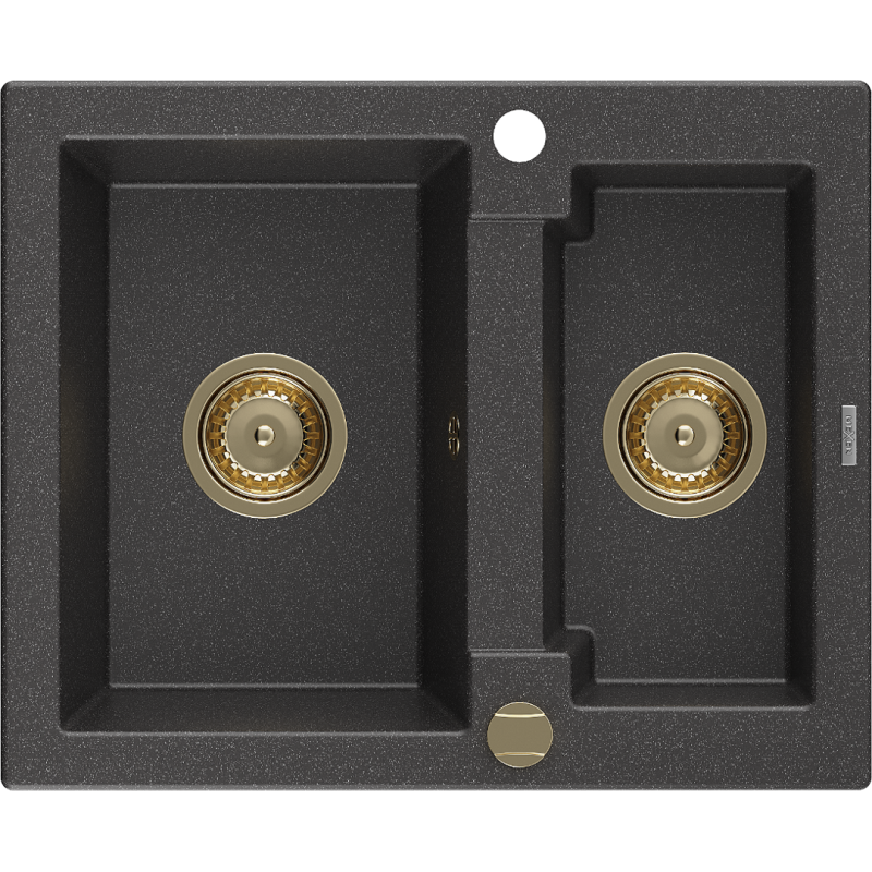 Mexen Carlos fregadero de granito de 1,5 compartimentos de 582 x 475 mm, negro moteado, sifón dorado - 6518581500-76-G