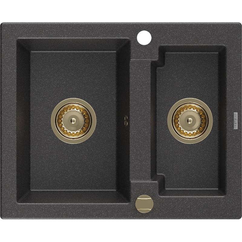 Mexen Carlos Granitspüle 1,5-Becken 582 x 475 mm, schwarz gesprenkelt, goldener Siphon - 6518581500-76-G