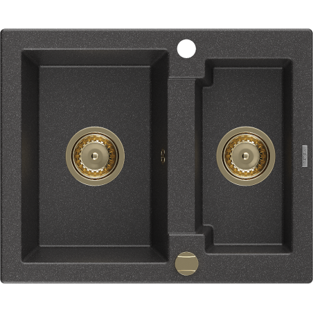 Mexen Carlos fregadero de granito de 1,5 compartimentos de 582 x 475 mm, negro moteado, sifón dorado - 6518581500-76-G