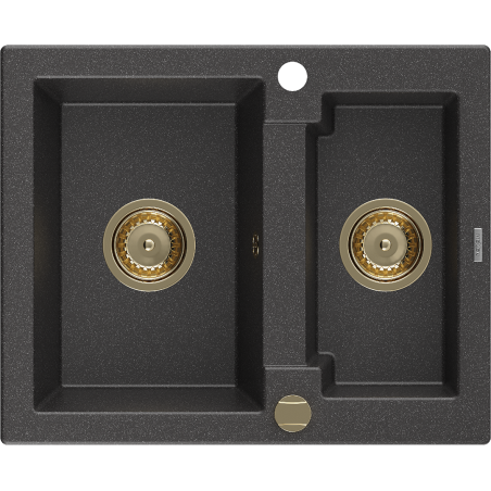 Mexen Carlos Granitspüle 1,5-Kammer 582 x 475 mm, schwarz getupft, goldener Siphon - 6518581500-76-G