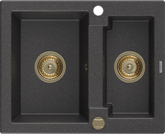 Mexen Carlos granite sink 1.5-bowl 582 x 475 mm, black speckled, gold siphon - 6518581500-76-G