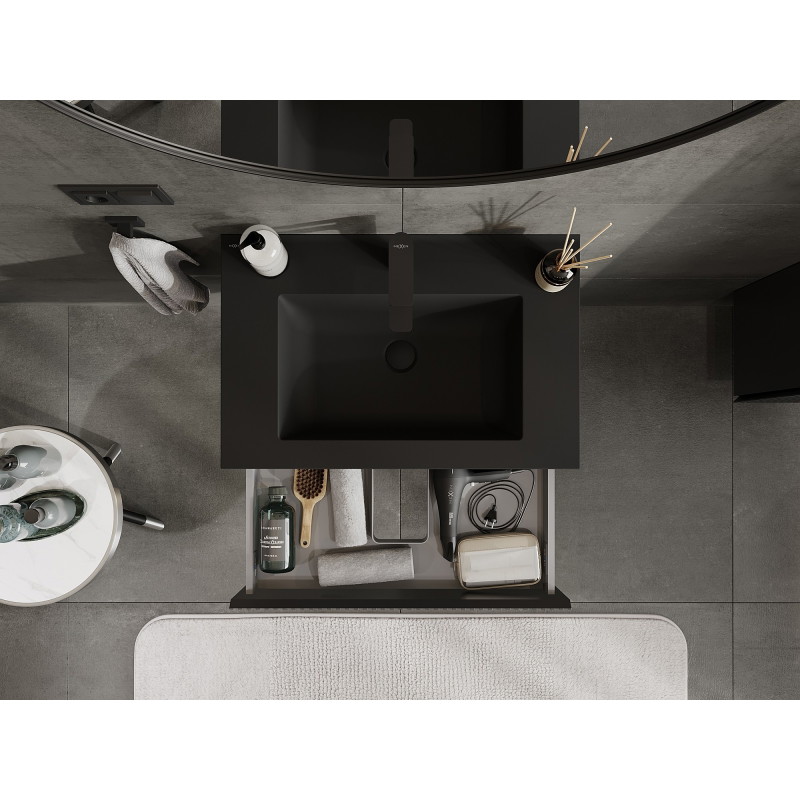 Mexen Rivel 70 cm bathroom cabinet with Otis sink, 1 drawer, fluted, black matte - 91A20-07023-1-BF71-W18M71