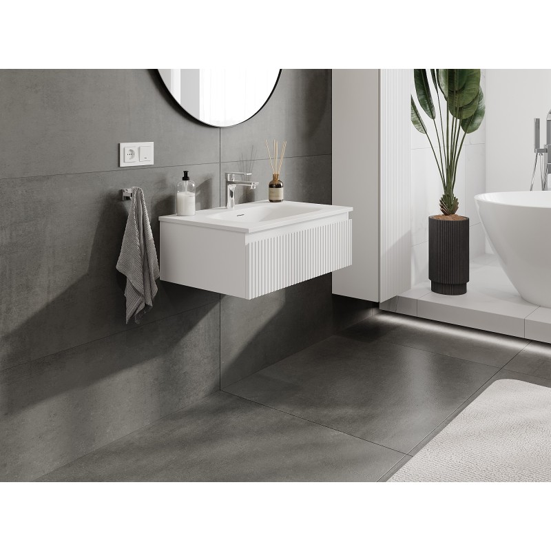 Mexen Rivel szafka łazienkowa 70 cm z umywalką Vela, 1 szuflada, ryflowana , biała mat - 91A20-07023-1-BF01-W23M01
