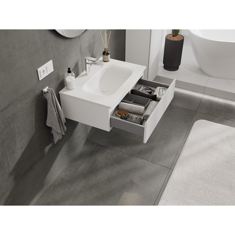 Mexen Rivel 70 cm Bathroom Cabinet with Vela Sink, 1 Drawer, Fluted, White Matte - 91A20-07023-1-BF01-W23M01