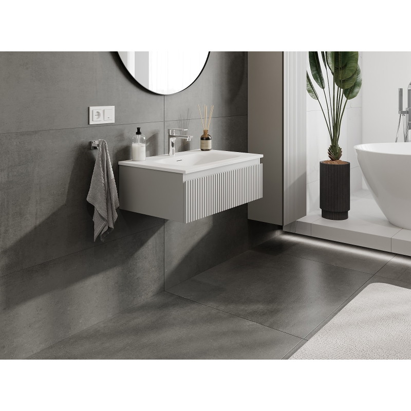 Mexen Rivel Badezimmerschrank 70 cm mit Waschbecken Vela, 1 Schublade, geriffelt, grau matt/weiß matt
