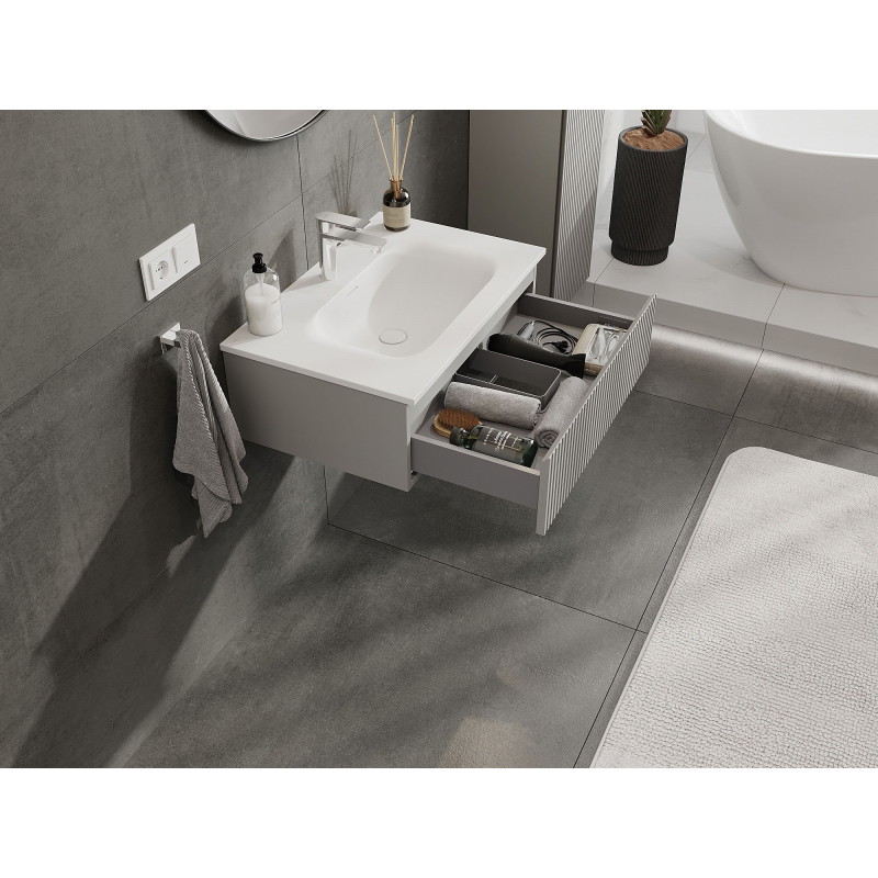 Mexen Rivel armoire de salle de bain 70 cm avec lavabo Vela, 1 tiroir, rainurée , gris mat/blanc mat
