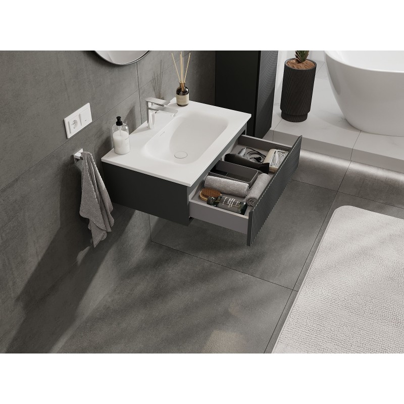 Mexen Rivel szafka łazienkowa 70 cm z umywalką Vela, 1 szuflada, ryflowana , grafit mat/biała mat - 91A20-07023-1-BF66-W23M01