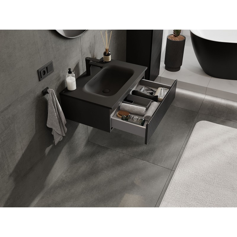 Mexen Rivel meuble de salle de bain 70 cm avec lavabo Vela, 1 tiroir, rainuré, noir mat - 91A20-07023-1-BF71-W23M71