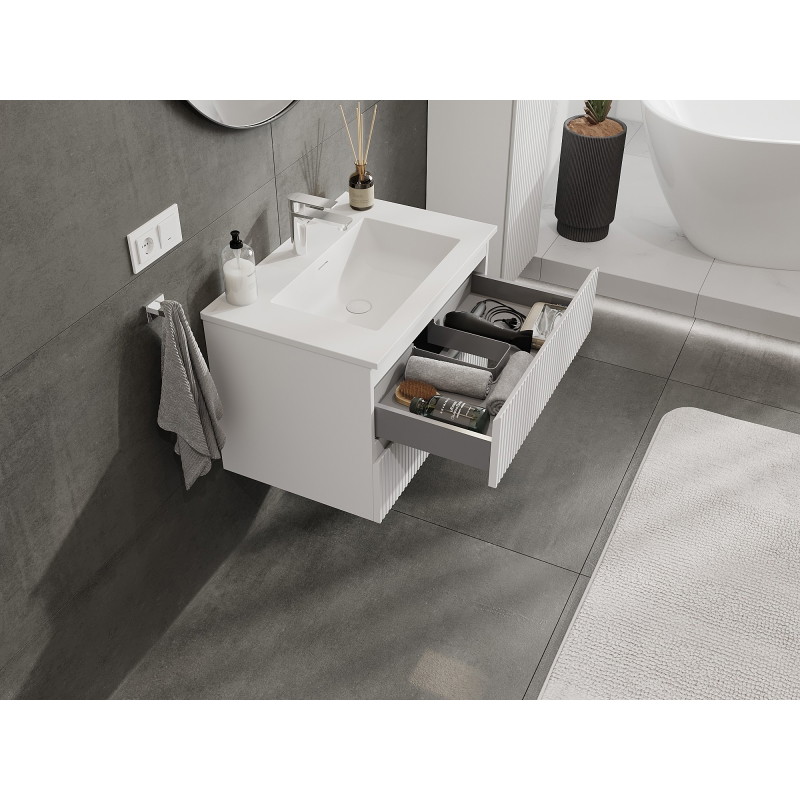 Mexen Rivel badkamerkast 70 cm met wastafel Otis, 2 lades, geribbeld, wit mat - 91A20-07047-2-BFF01-W18M01