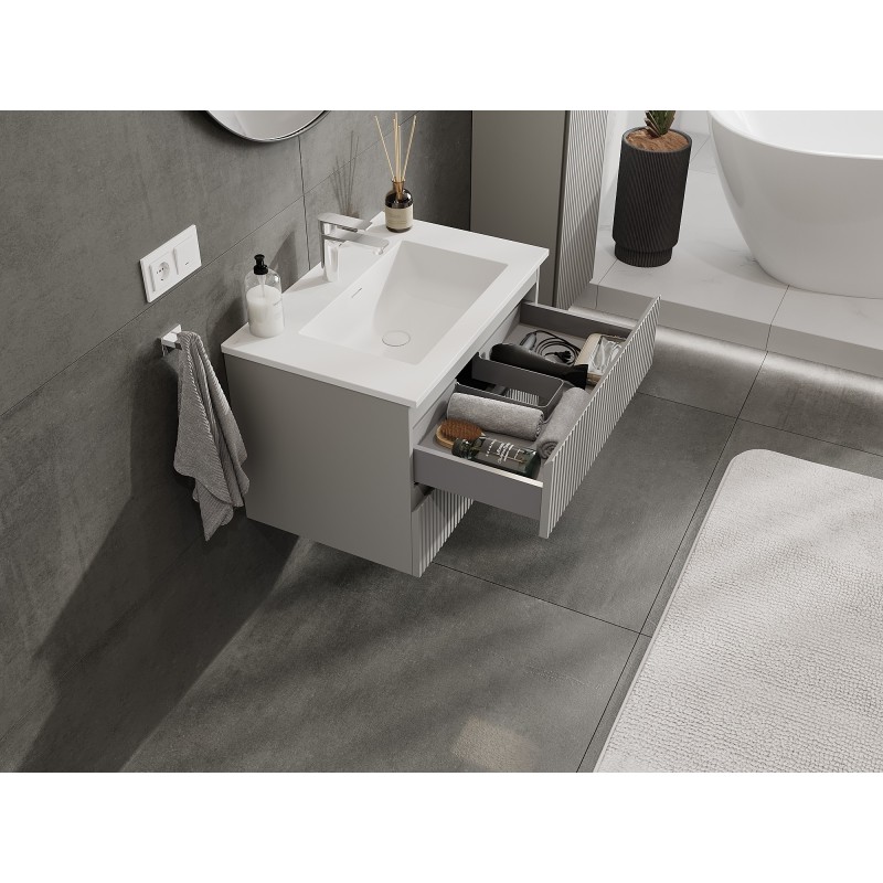 Mexen Rivel meuble de salle de bain 70 cm avec lavabo Otis, 2 tiroirs, rainuré, gris mat/blanc mat - 91A20-07047-2-BFF62-W18M01