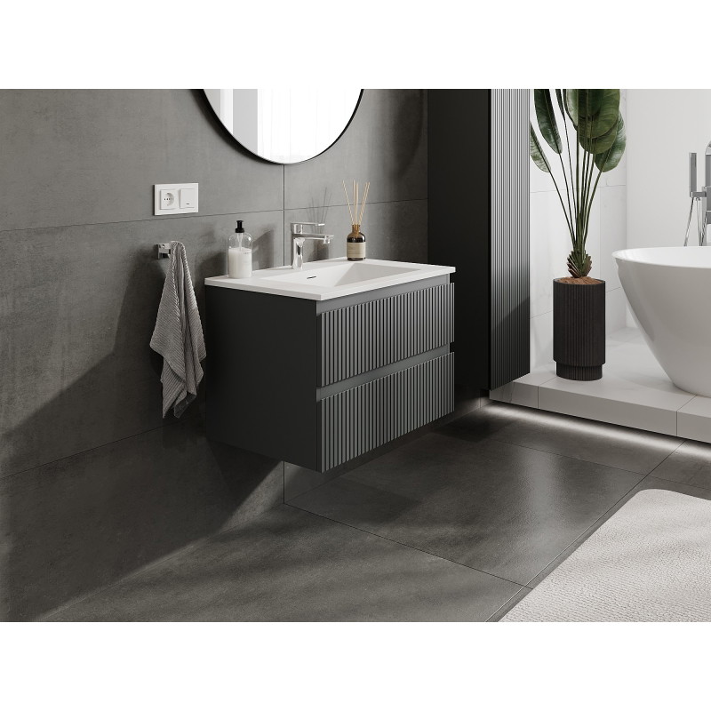 Mexen Rivel szafka łazienkowa 70 cm z umywalką Otis, 2 szuflady, ryflowana , grafit mat/biała mat - 91A20-07047-2-BFF66-W18M0