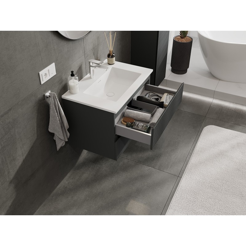 Mexen Rivel meuble de salle de bain 70 cm avec lavabo Otis, 2 tiroirs, rainuré, graphite mat/blanc mat -