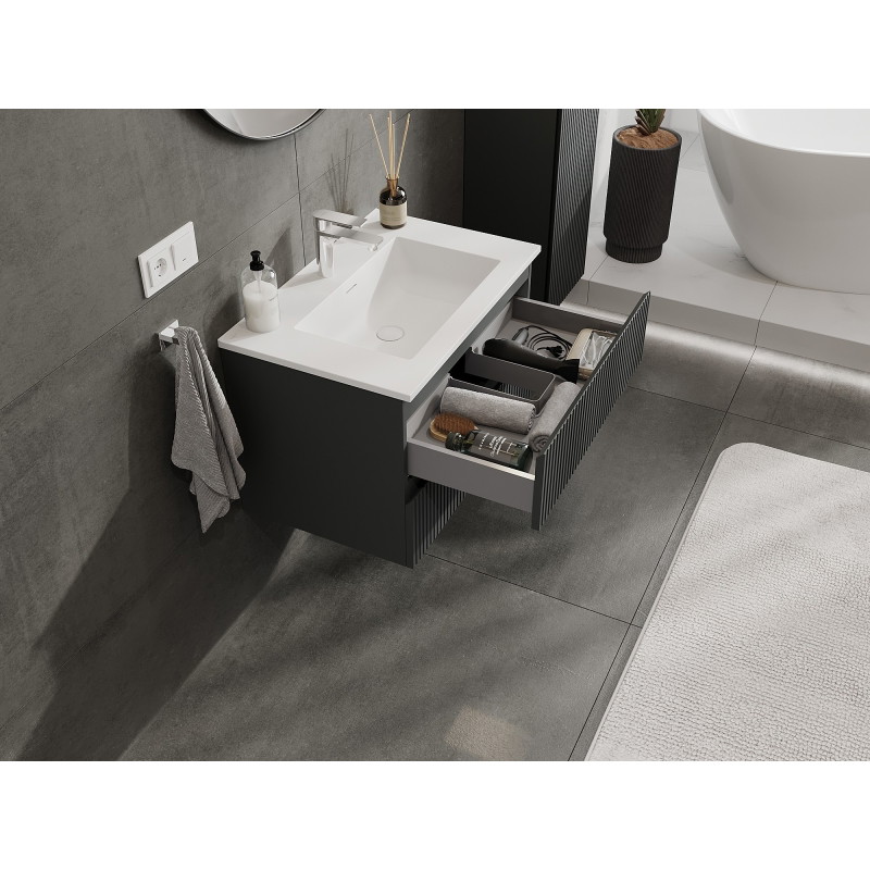 Mexen Rivel szafka łazienkowa 70 cm z umywalką Otis, 2 szuflady, ryflowana , grafit mat/biała mat - 91A20-07047-2-BFF66-W18M0