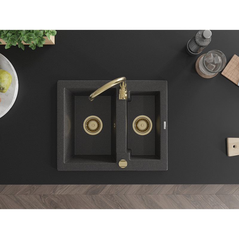 Mexen Carlos fregadero de granito de 1,5 compartimentos de 582 x 475 mm, negro moteado, sifón dorado - 6518581500-76-G