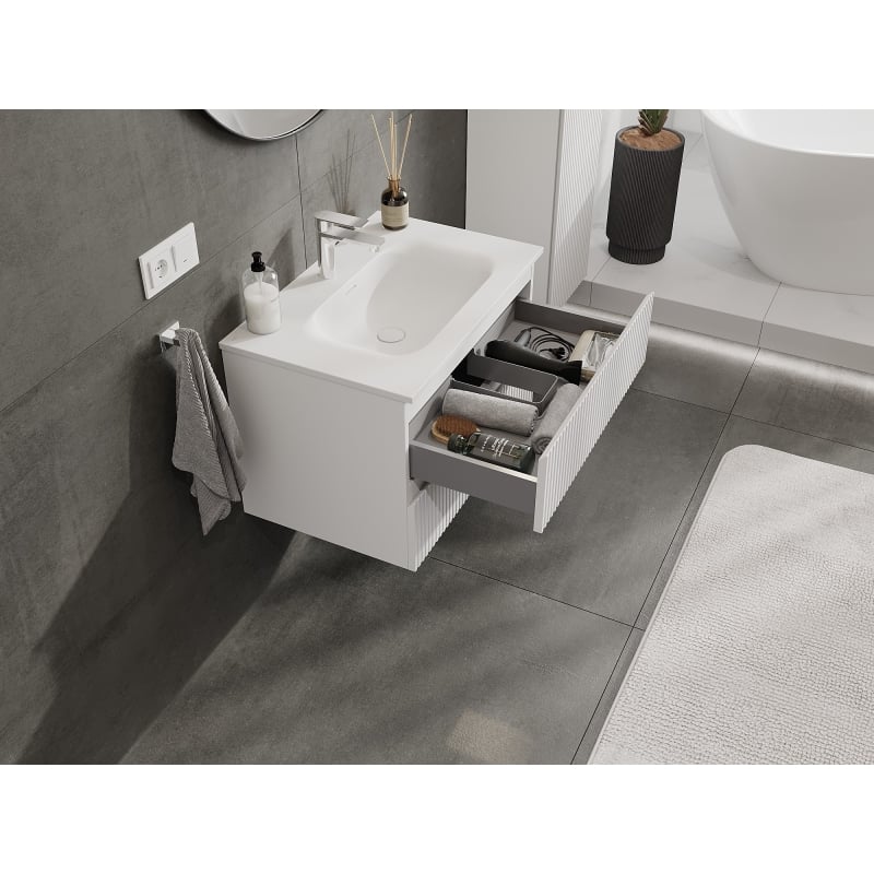 Mexen Rivel szafka łazienkowa 70 cm z umywalką Vela, 2 szuflady, ryflowana , biała mat - 91A20-07047-2-BFF01-W23M01