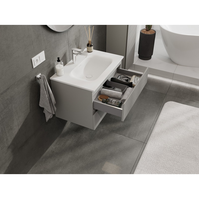 Mexen Rivel mueble de baño de 70 cm con lavabo Vela, 2 cajones, acanalado, gris mate/blanco mate - 91A20-07047-2-BFF62-W23M01