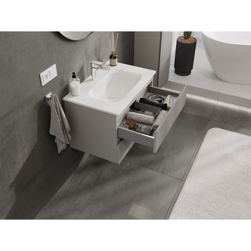 Mexen Rivel szafka łazienkowa 70 cm z umywalką Vela, 2 szuflady, ryflowana , szara mat/biała mat - 91A20-07047-2-BFF62-W23M01