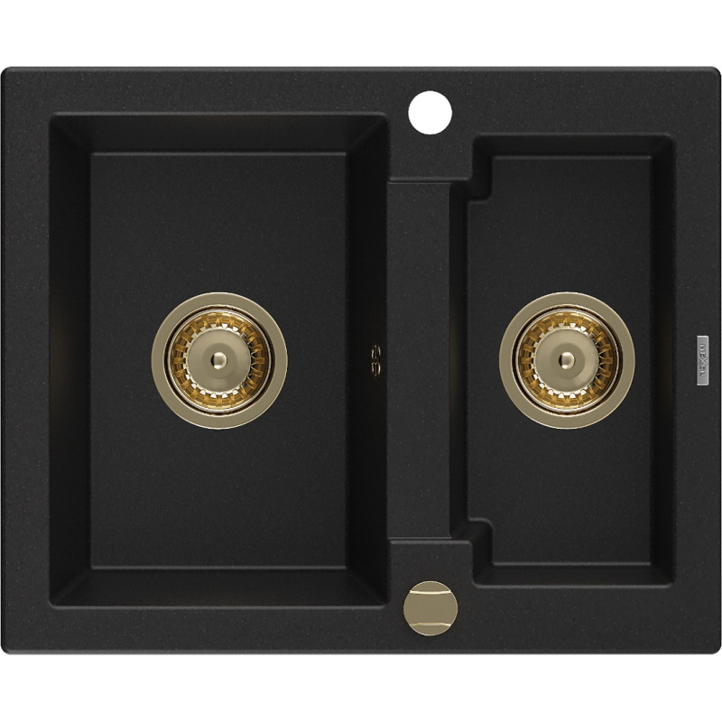 Mexen Carlos granieten spoelbak 1,5-komoren 582 x 475 mm, zwart, gouden sifon - 6518581500-77-G