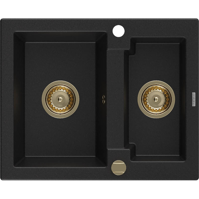 Mexen Carlos granitdiskbänk 1,5-kammare 582 x 475 mm, svart, guld sifon - 6518581500-77-G