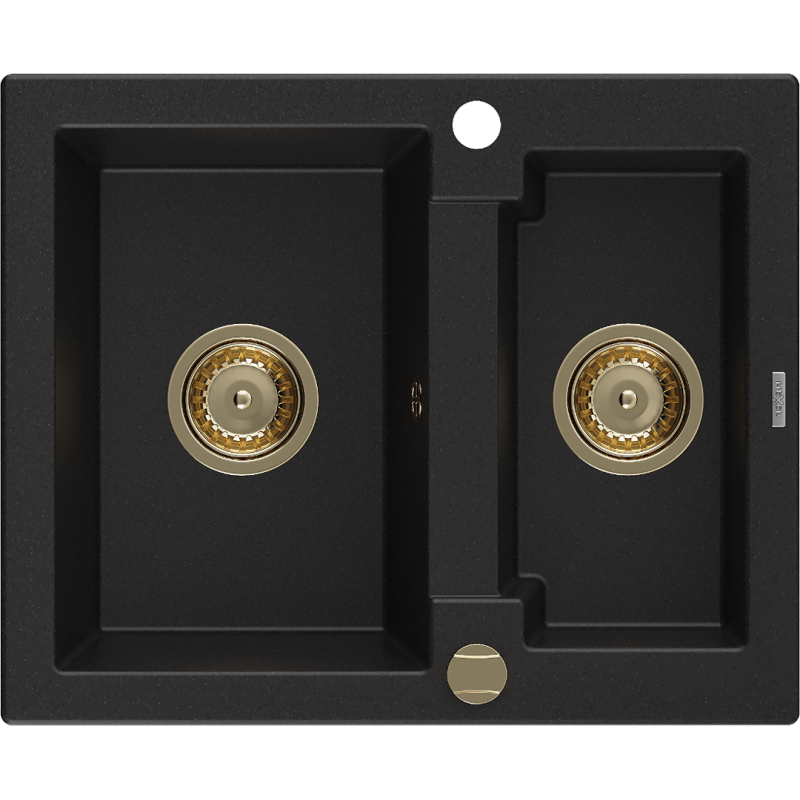 Mexen Carlos lava-loiça de granito 1,5-comportas 582 x 475 mm, preto, sifão dourado - 6518581500-77-G