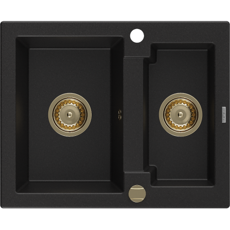 Mexen Carlos fregadero de granito de 1,5 tazones 582 x 475 mm, negro, sifón dorado - 6518581500-77-G