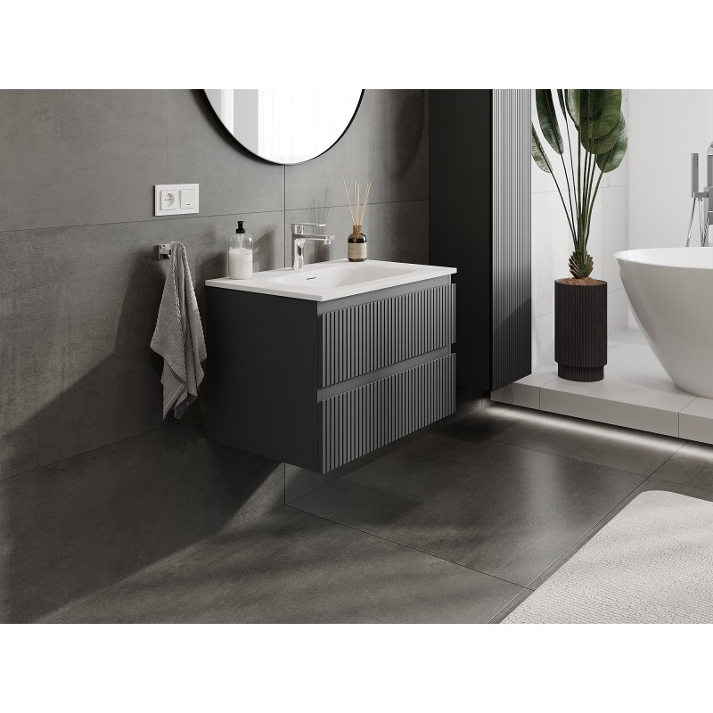 Mexen Rivel armoire de salle de bain 70 cm avec lavabo Vela, 2 tiroirs, rainurée, graphite mat/blanc mat -