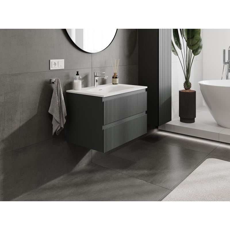 Mexen Rivel szafka łazienkowa 70 cm z umywalką Vela, 2 szuflady, ryflowana , grafit mat/biała mat - 91A20-07047-2-BFF66-W23M0