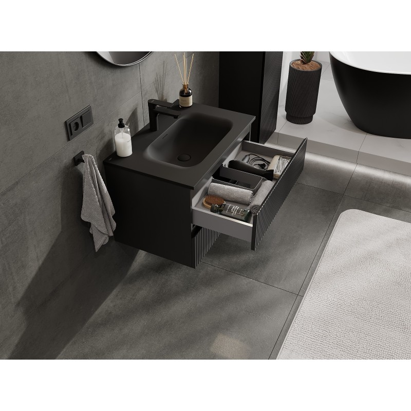 Mexen Rivel mueble de baño de 70 cm con lavabo Vela, 2 cajones, acanalada, negro mate - 91A20-07047-2-BFF71-W23M71