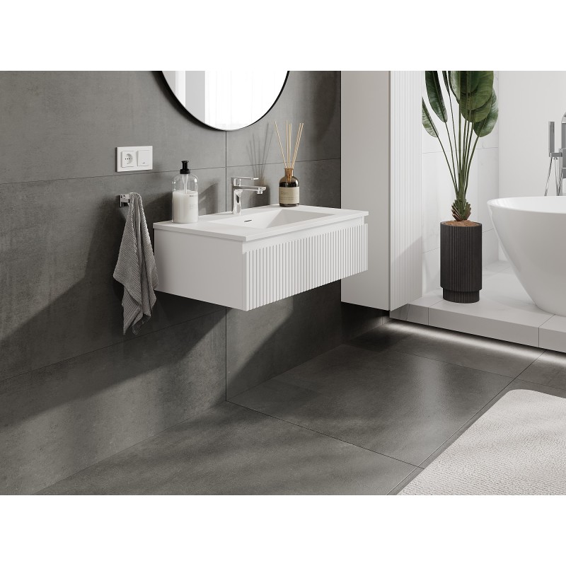 Mexen Rivel szafka łazienkowa 80 cm z umywalką Otis, 1 szuflada, ryflowana , biała mat - 91A20-08023-1-BF01-W18M01