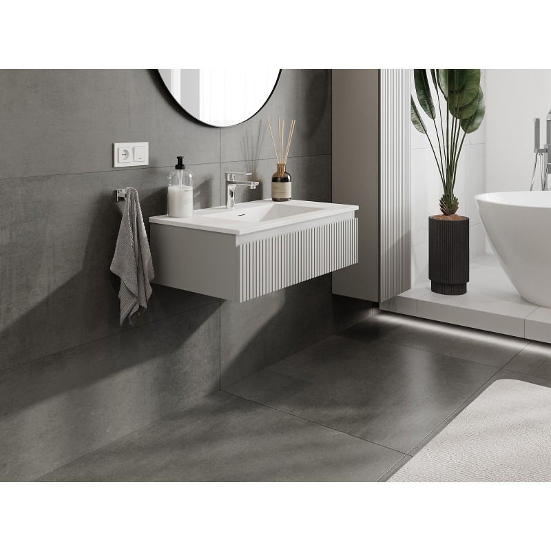 Mexen Rivel armario de baño de 80 cm con lavabo Otis, 1 cajón, acanalado, gris mate/blanco mate - 91A20-08023-1-BF62-W18M01