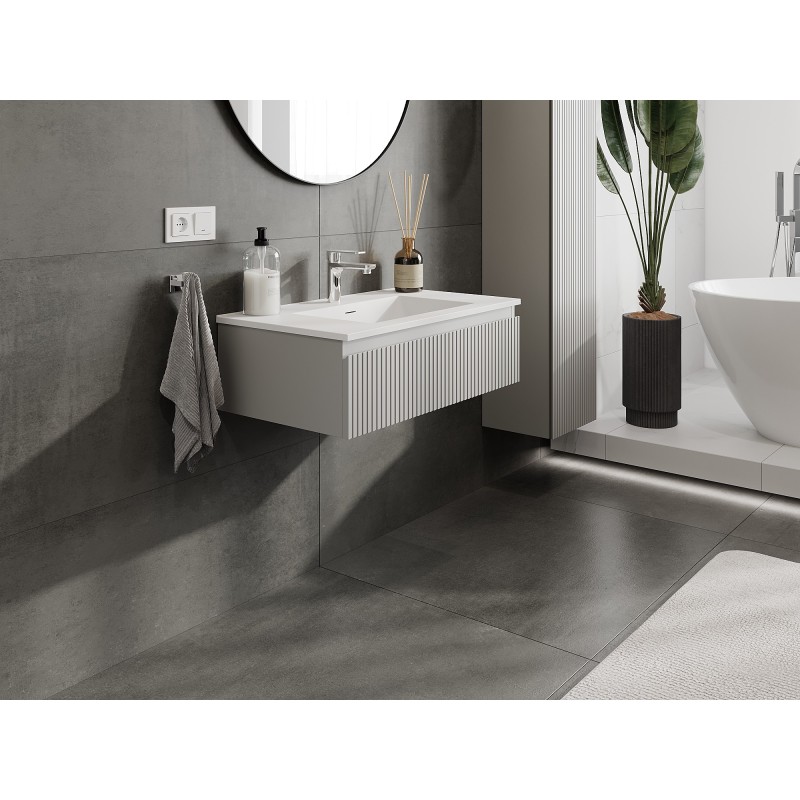 Mexen Rivel Badezimmerschrank 80 cm mit Waschbecken Otis, 1 Schublade, geriffelt, grau matt/weiß matt