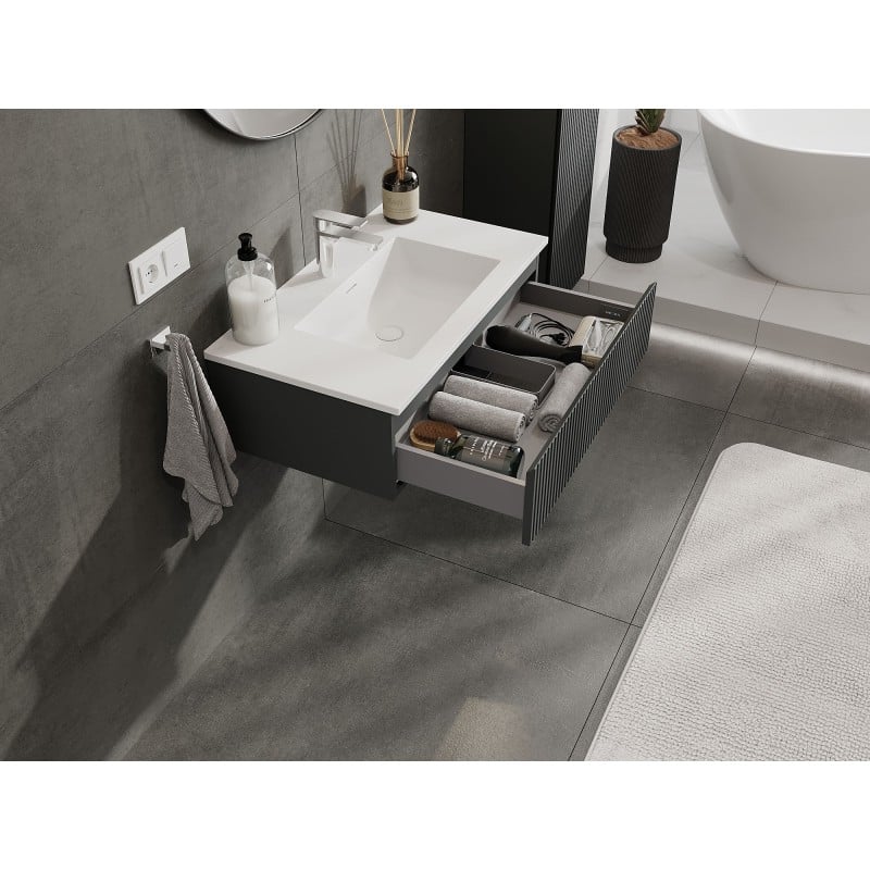 Mexen Rivel armoire de salle de bain 80 cm avec lavabo Otis, 1 tiroir, cannelée, graphite mat/blanc mat