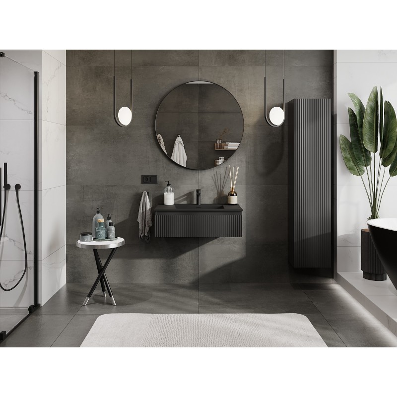 Mexen Rivel meuble de salle de bain 80 cm avec lavabo Otis, 1 tiroir, rainuré, noir mat - 91A20-08023-1-BF71-W18M71