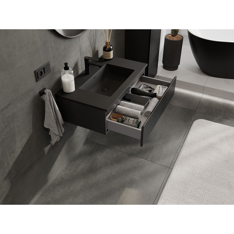 Mexen Rivel mobile bagno 80 cm con lavabo Otis, 1 cassetto, scanalato, nero opaco - 91A20-08023-1-BF71-W18M71