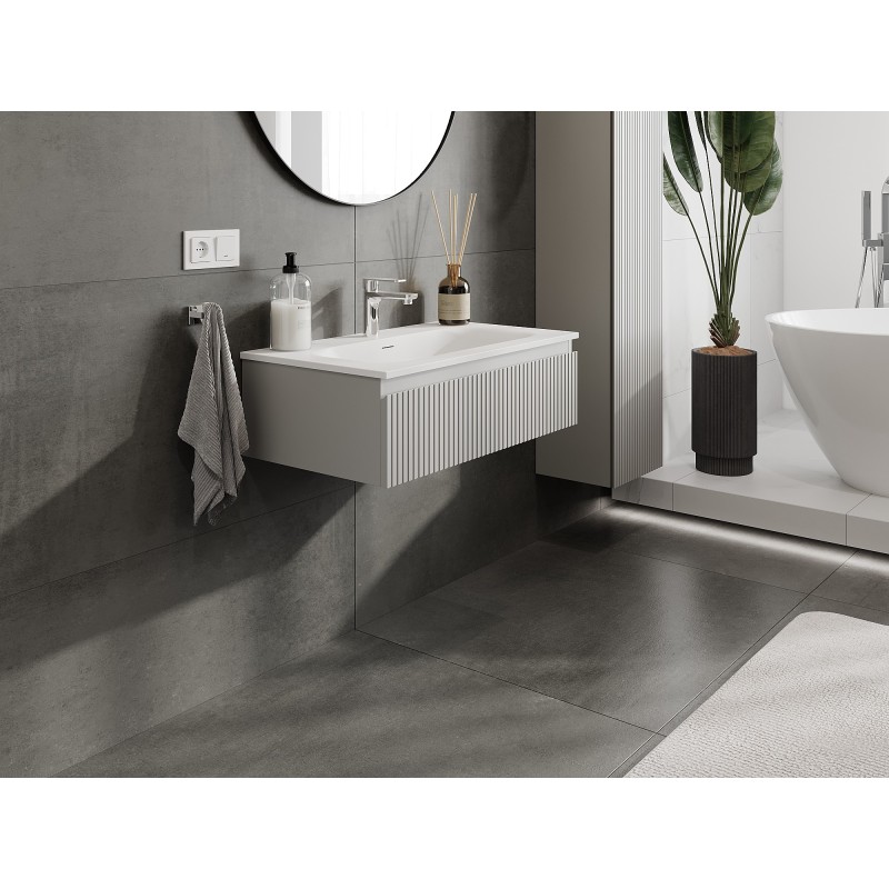 Mexen Rivel kopalniška omara 80 cm z umivalnikom Vela, 1 predal, rebrasta, mat siva/bela mat - 91A20-08023-1-BF62-W23M01