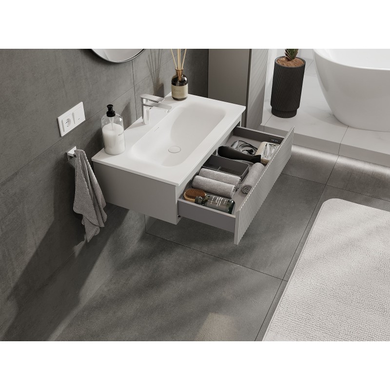 Mexen Rivel szafka łazienkowa 80 cm z umywalką Vela, 1 szuflada, ryflowana , szara mat/biała mat - 91A20-08023-1-BF62-W23M01