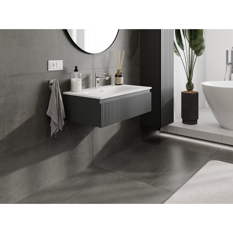 Mexen Rivel badkamerkast 80 cm met wastafel Vela, 1 lade, geribbeld, grafiet mat/wit mat - 91A20-08023-1-BF66-W23M01