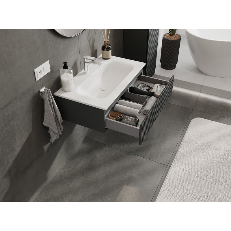 Mexen Rivel badkamerkast 80 cm met wastafel Vela, 1 lade, geribbeld, grafiet mat/wit mat - 91A20-08023-1-BF66-W23M01